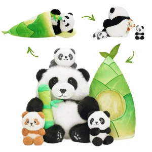 Ensemble de Jeu en Peluche de Famille Pandas avec 3 Bébés Coffrets Cadeaux pour Tout-petit