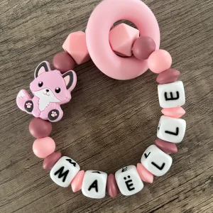 Anneau de dentition - Hochet personnalisé Renard rose