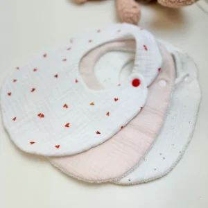 Bavoir Trio gaze de coton petit coeur blanc et écru pois or