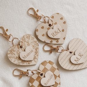 Porte clé bois - Double coeur