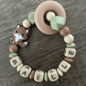 Anneau de dentition - Hochet personnalisé Renard lettres beige