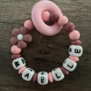 Anneau de dentition - Hochet personnalisé Fleur Or rose