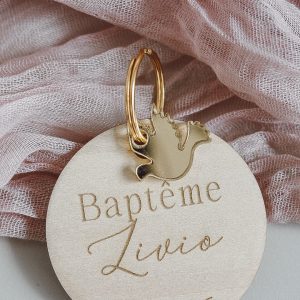 Porte clé Baptême en bois - Forme ronde