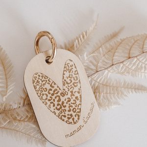 Porte clé " Coeur léopard" - Bois